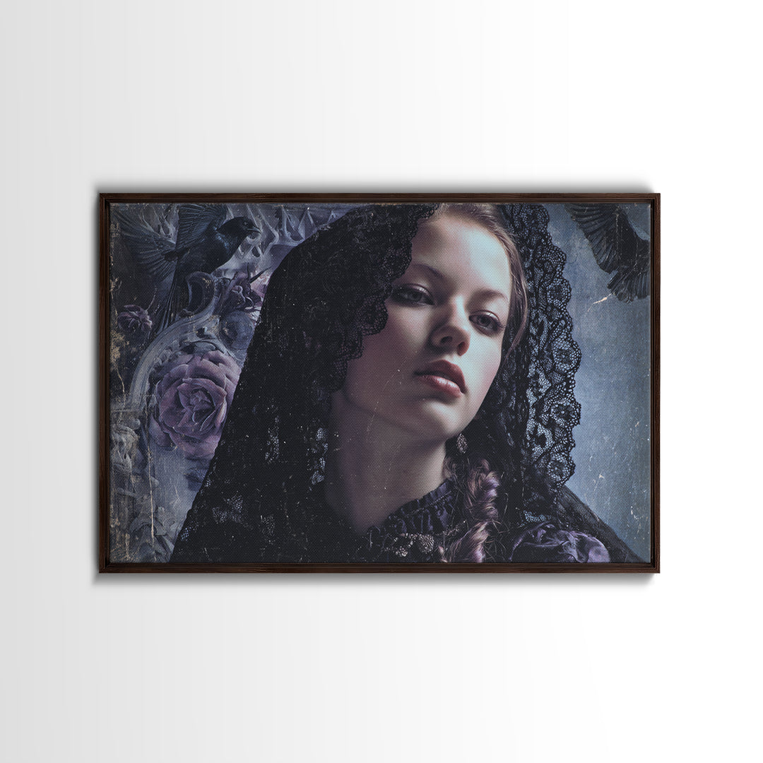 Gothic Woman Portrait Framed Canvas Print, Dark Art, Gothic Art, Living Room Decor, Fine Art, Nocturne, Fine Art Print, DAR-3x2-8
