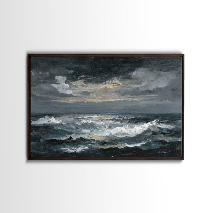 Stormy Sea under a Nearly Black Sky Framed Canvas Print, Dark Art, Fine Art Print, Living Room Decor, Fine Art, Nocturne, DAR-3x2-81