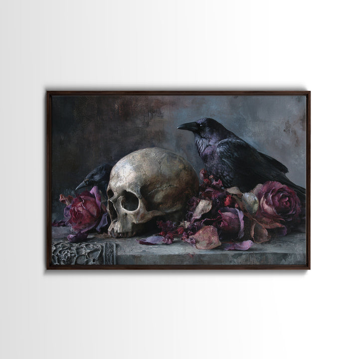 Baroque Skull and Red Velvet Vanitas Framed Canvas Print, Dark Art, Man Cave Decor, Living Room Decor, Fine Art, Nocturne, DAR-3x2-86