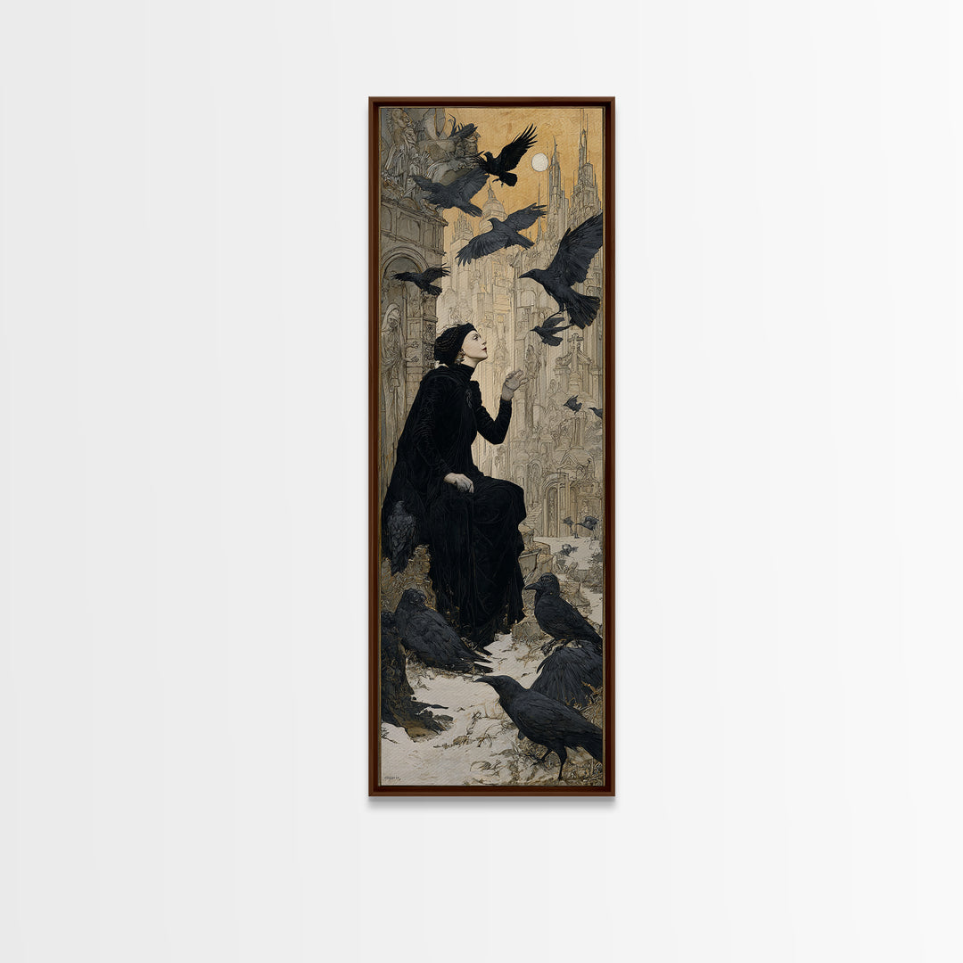 Ravens And Ruins, Symbolist Death Art, Tall Narrow Wall Art, Dark Halloween Decor, Canvas Print, Halloween Wall Art