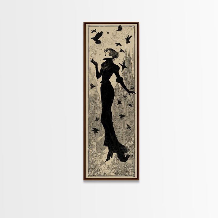 Ravens And Ruins, Decadent Line Art, Tall Narrow Wall Art, Dark Fantasy Wall Art, Framed Canvas Print, Halloween Wall Art