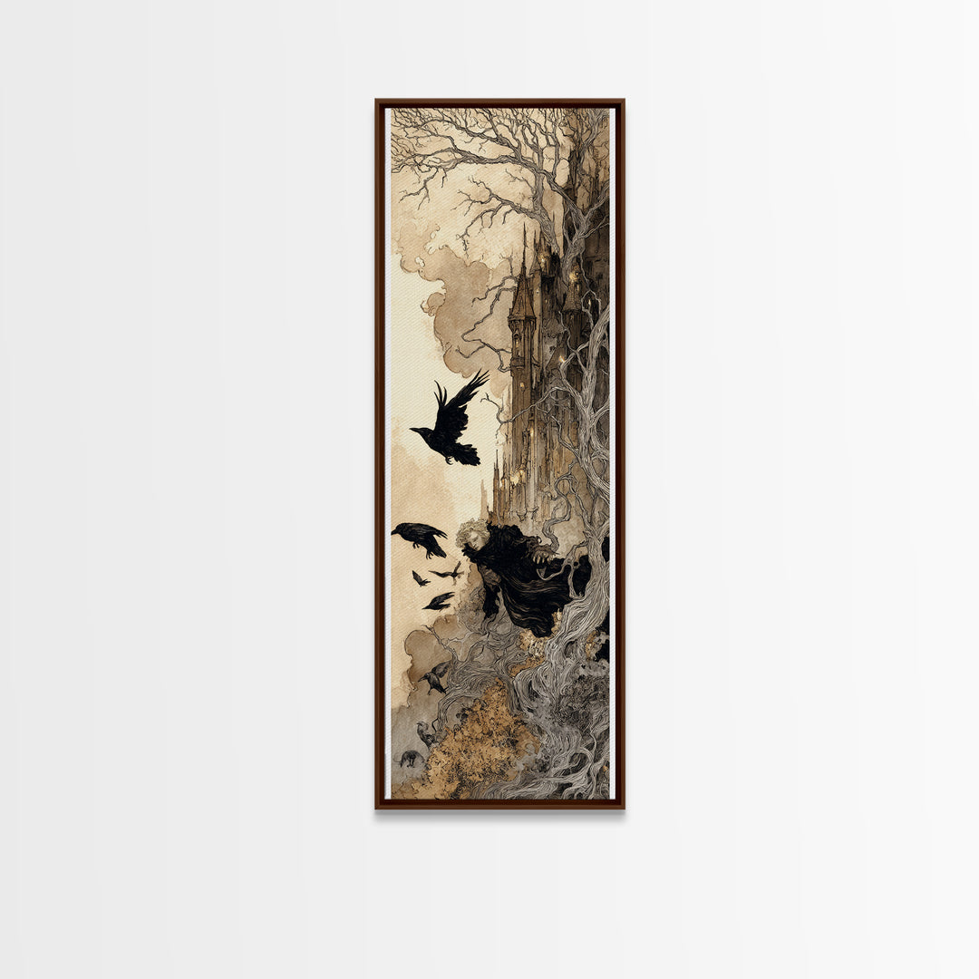 Ravens And Ruins, Gothic Storybook Art, Tall Narrow Wall Art, Gothic Horror Wall Art, Canvas Print, Halloween Wall Art