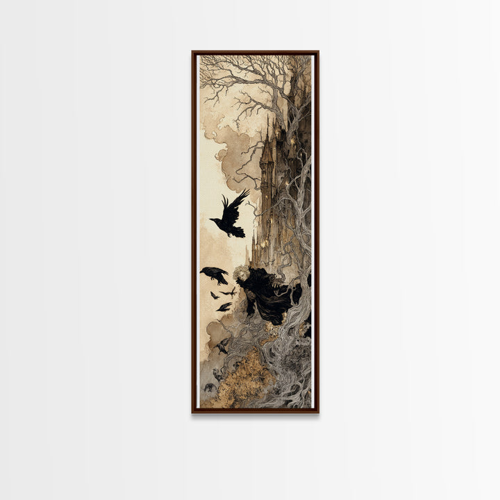 Ravens And Ruins, Gothic Storybook Art, Tall Narrow Wall Art, Gothic Horror Wall Art, Canvas Print, Halloween Wall Art