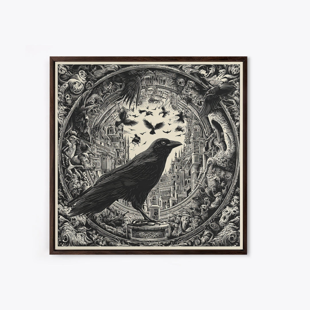 Ravens And Ruins, Macabre Folk Print Art, Square Wall Art, Dark Fantasy Wall Art, Canvas Print, Halloween Wall Art