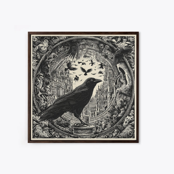Ravens And Ruins, Macabre Folk Print Art, Square Wall Art, Dark Fantasy Wall Art, Canvas Print, Halloween Wall Art