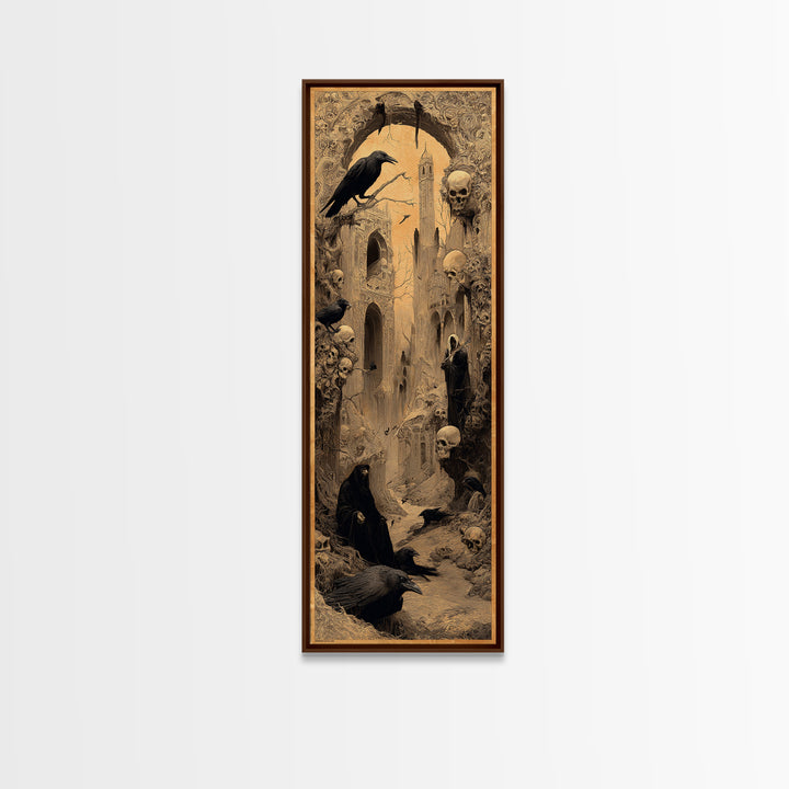 Ravens And Ruins, Surreal Apocalyptic Art, Tall Narrow Wall Art, Dark Halloween Decor, Canvas Print, Halloween Wall Art