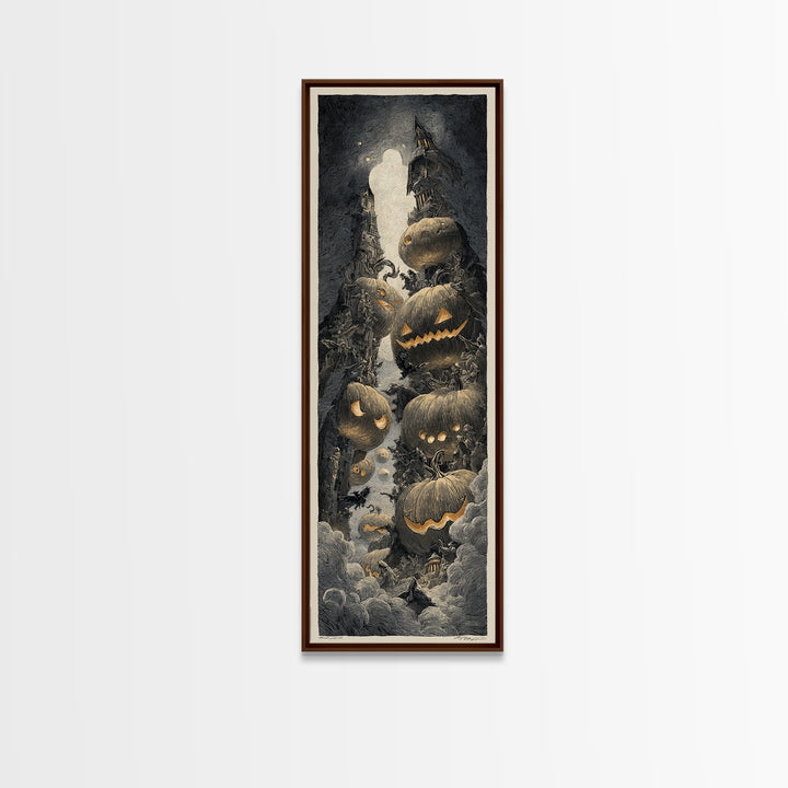 Pumpkins And Moon Phases, Gothic Engraving Art, Tall Narrow Wall Art, Macabre Wall Art, Canvas Print, Halloween Wall Art
