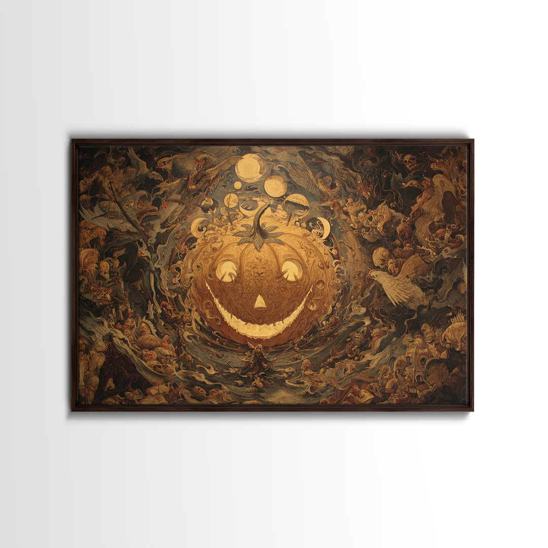 Pumpkins And Moon Phases, Medieval Grotesque Art, Landscape Wall Art, Macabre Wall Art, Framed Canvas Print, Halloween Wall Art
