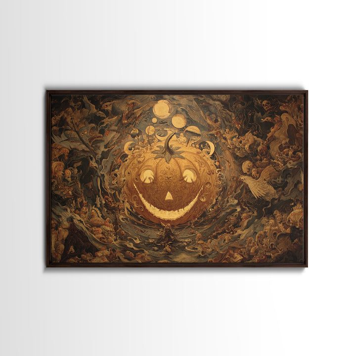 Pumpkins And Moon Phases, Medieval Grotesque Art, Landscape Wall Art, Macabre Wall Art, Framed Canvas Print, Halloween Wall Art