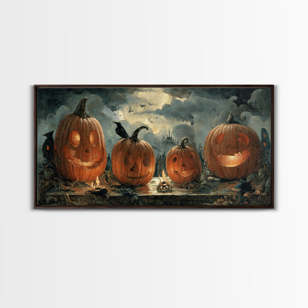Pumpkins And Moon Phases, Northern Renaissance Horror, Wide Panoramic Art, Dark Halloween Decor, Framed Canvas Print