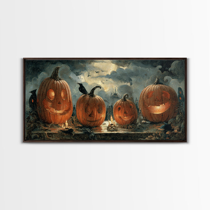 Pumpkins And Moon Phases, Northern Renaissance Horror, Wide Panoramic Art, Dark Halloween Decor, Framed Canvas Print
