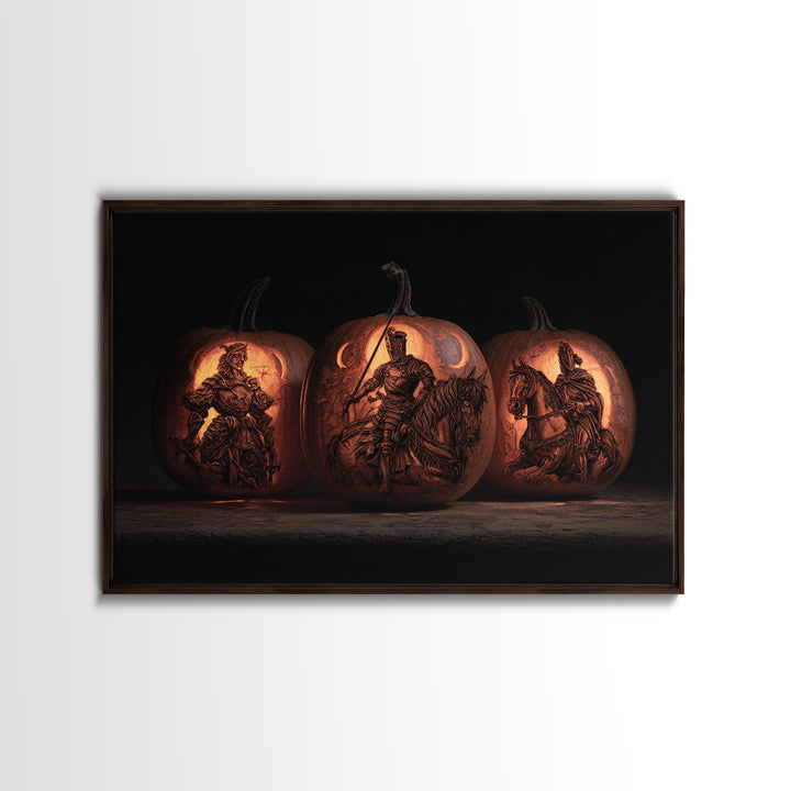 Pumpkins And Moon Phases, Renaissance Engraving Art, Landscape Wall Art, Macabre Wall Art, Framed Canvas Print, Halloween Wall Art