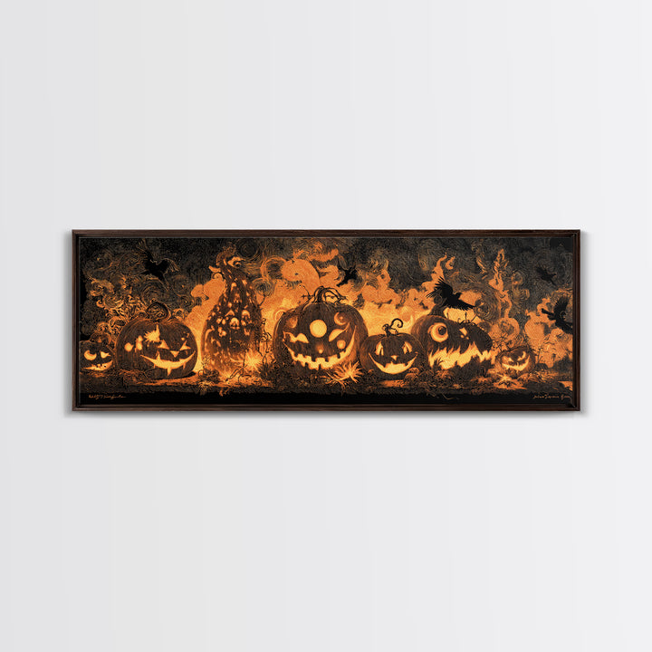 Pumpkins And Moon Phases, Dark Romantic Horror Art, Extra Wide Wall Art, Dark Halloween Decor, Canvas Print, Halloween Wall Art