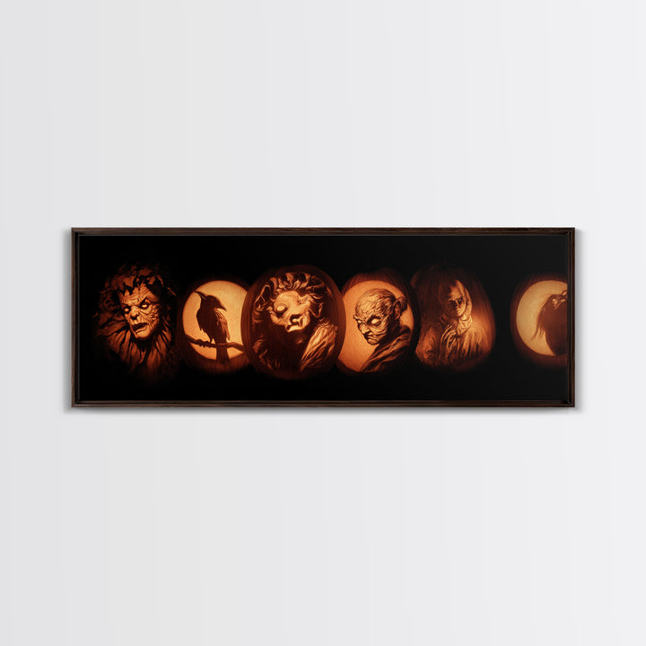 Pumpkins And Moon Phases, Gothic Nightmare Art, Extra Wide Wall Art, Macabre Wall Art, Canvas Print, Halloween Wall Art