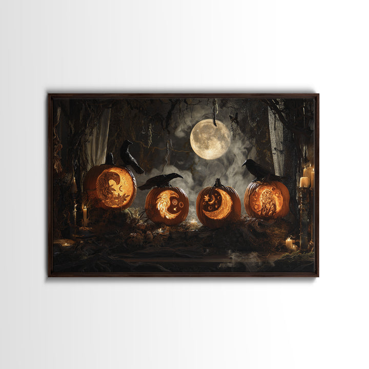 Pumpkins And Moon Phases, Visionary Gothic Art, Landscape Wall Art, Dark Halloween Decor, Framed Canvas Print, Halloween Wall Art