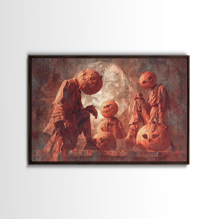 Pumpkins And Moon Phases, Architectural Etching Art, Landscape Wall Art, Gothic Horror Wall Art, Framed Canvas Print