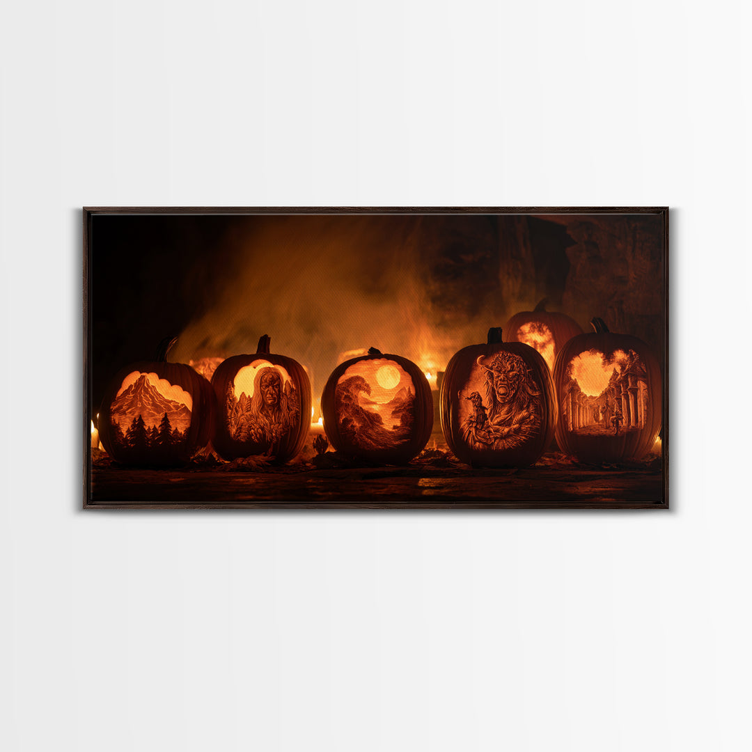 Pumpkins And Moon Phases, Apocalyptic Romantic Art, Wide Panoramic Art, Gothic Horror Wall Art, Framed Canvas Print, Halloween Wall Art