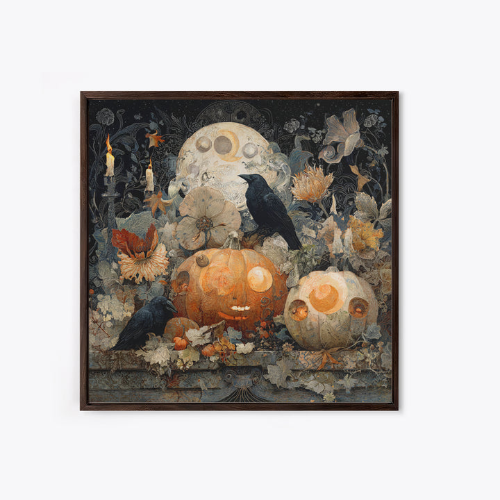 Pumpkins And Moon Phases, Symbolist Dream Art, Square Wall Art, Dark Halloween Decor, Framed Canvas Print, Halloween Wall Art