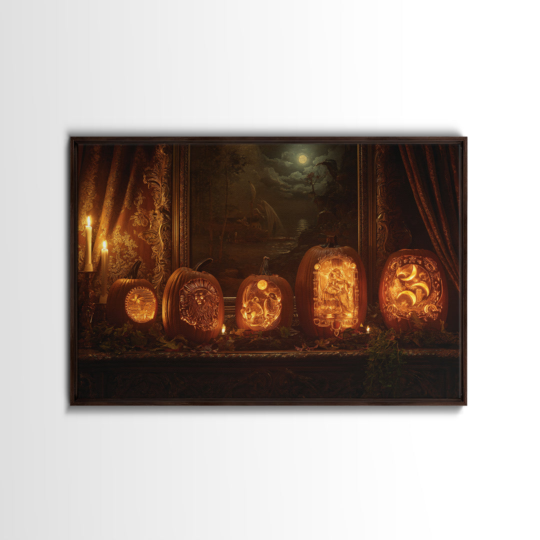 Pumpkins And Moon Phases, Ornate Symbolist Art, Landscape Wall Art, Gothic Horror Wall Art, Canvas Print, Halloween Wall Art