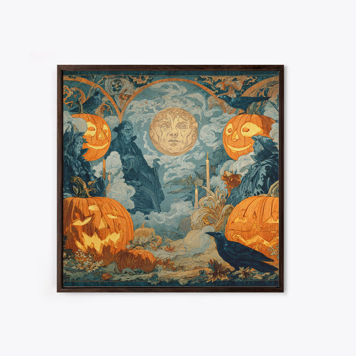 Pumpkins And Moon Phases, Symbolist Etching Art, Square Wall Art, Dark Fantasy Wall Art, Canvas Print, Halloween Wall Art