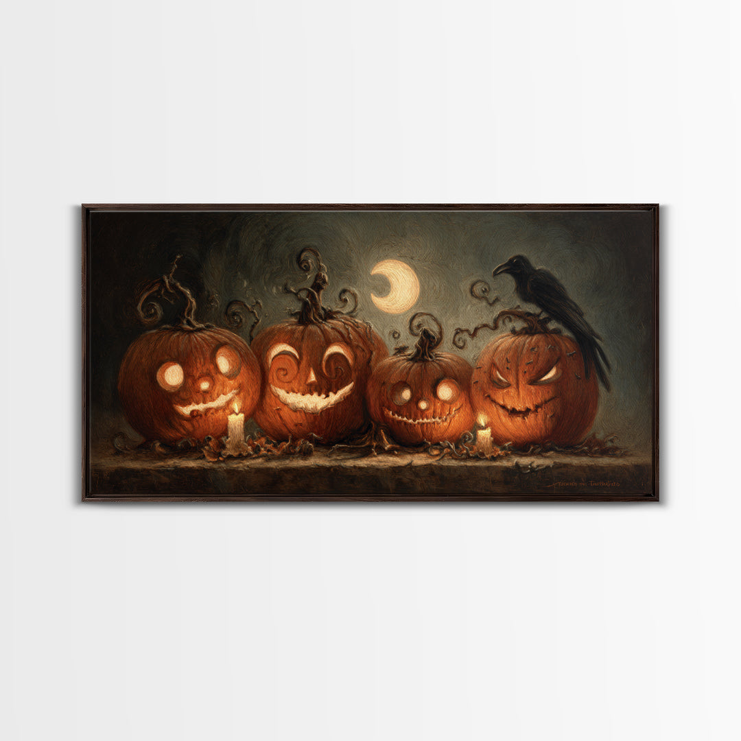 Pumpkins And Moon Phases, Expressionist Nightmare Art, Wide Panoramic Art, Dark Fantasy Wall Art, Framed Canvas Print, Halloween Wall Art