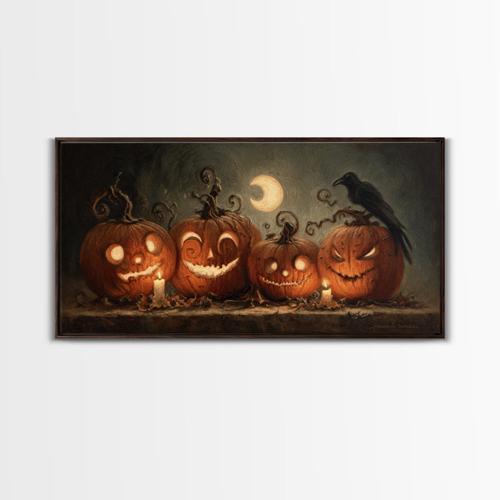 Pumpkins And Moon Phases, Expressionist Nightmare Art, Wide Panoramic Art, Dark Fantasy Wall Art, Framed Canvas Print, Halloween Wall Art