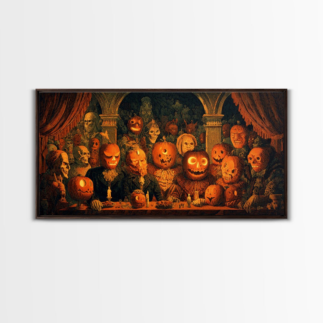Pumpkins And Moon Phases, Grotesque Carnival Art, Wide Panoramic Art, Dark Fantasy Wall Art, Framed Canvas Print, Halloween Wall Art