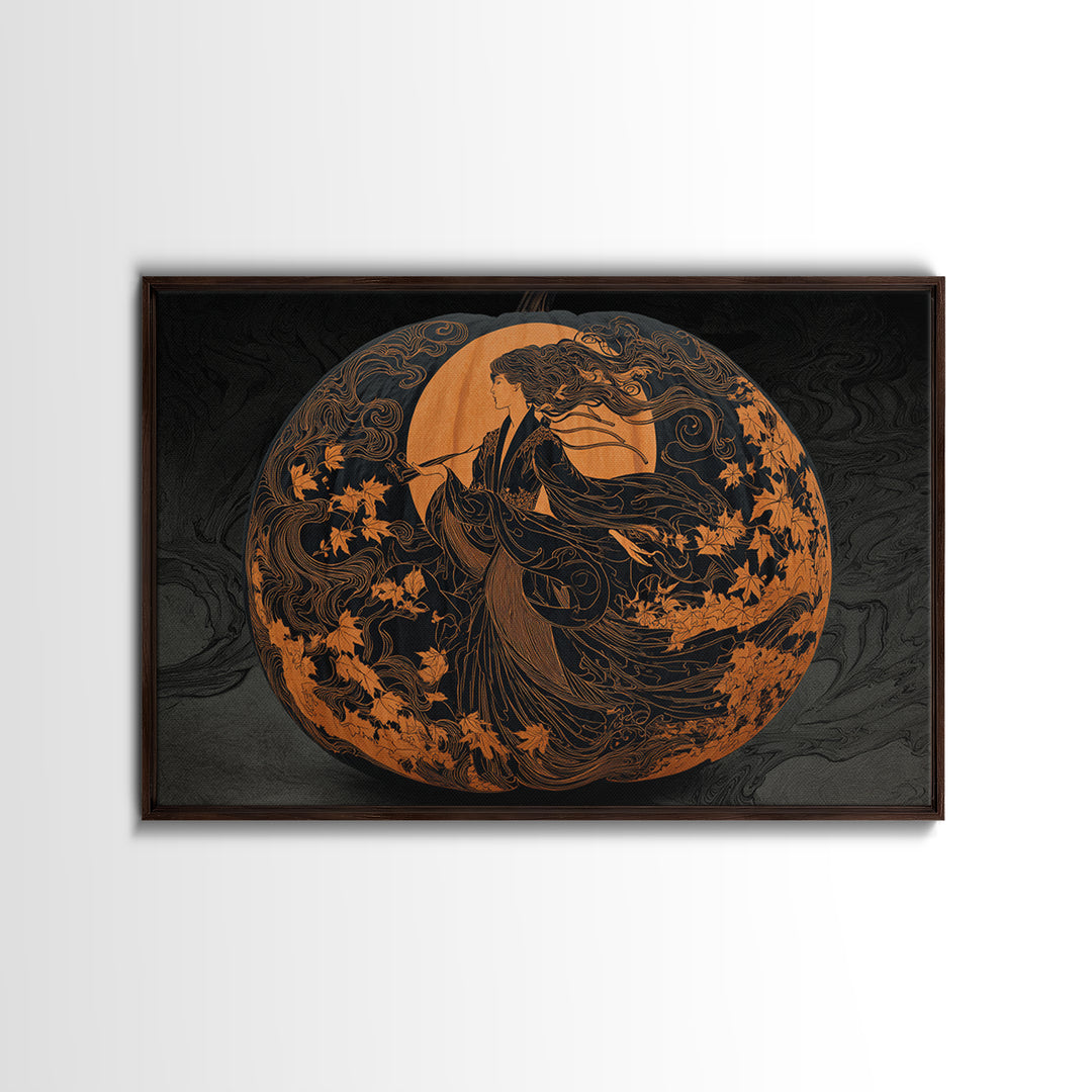 Pumpkins And Moon Phases, Decadent Line Art, Landscape Wall Art, Gothic Horror Wall Art, Canvas Print, Halloween Wall Art