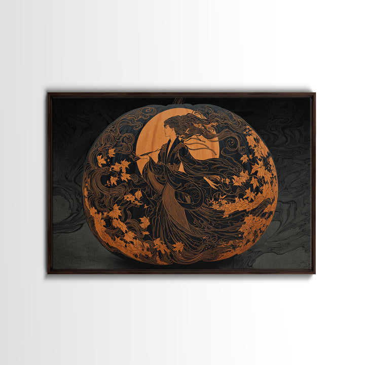 Pumpkins And Moon Phases, Decadent Line Art, Landscape Wall Art, Gothic Horror Wall Art, Canvas Print, Halloween Wall Art