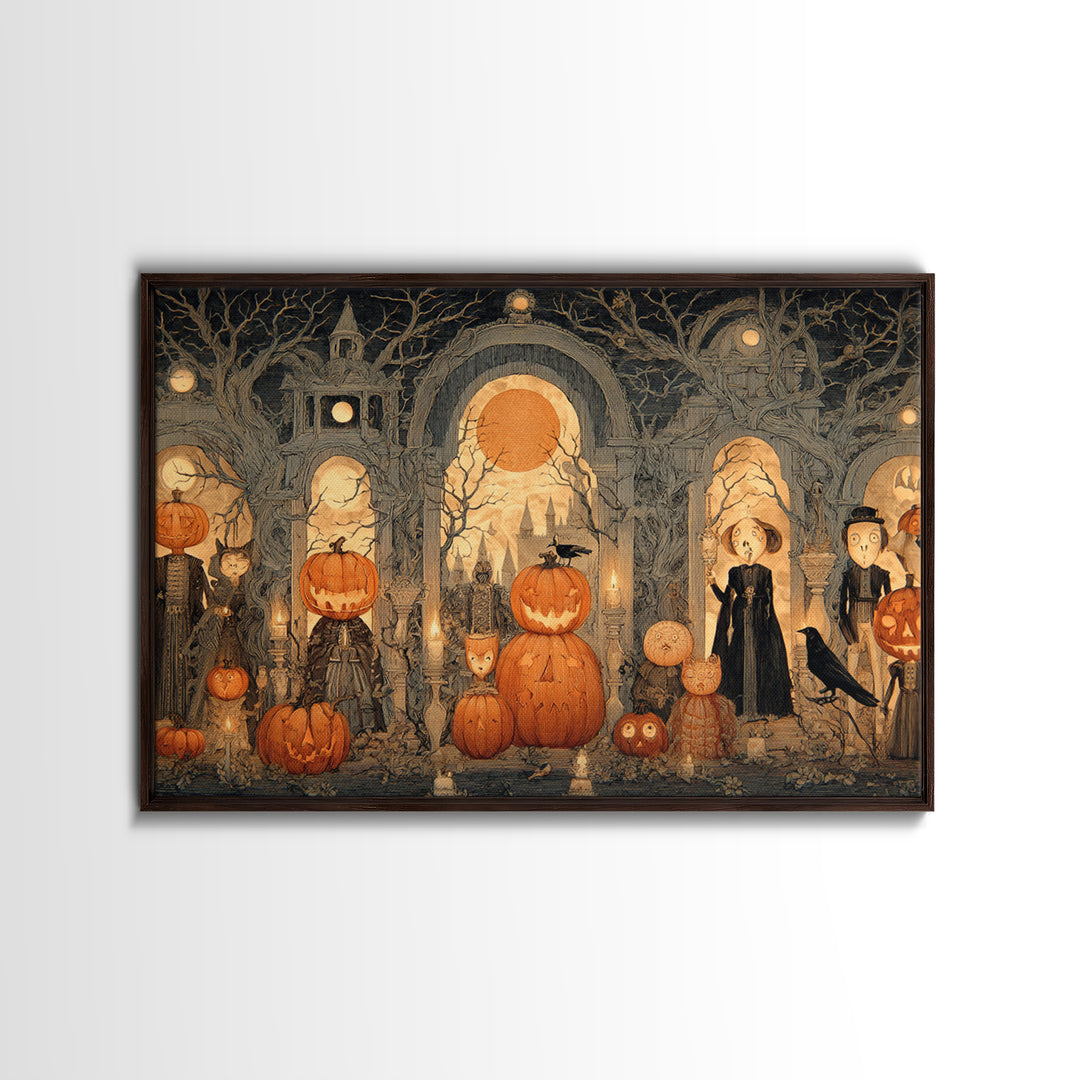 Pumpkins And Moon Phases, Victorian Macabre Art, Landscape Wall Art, Dark Halloween Decor, Framed Canvas Print, Halloween Wall Art