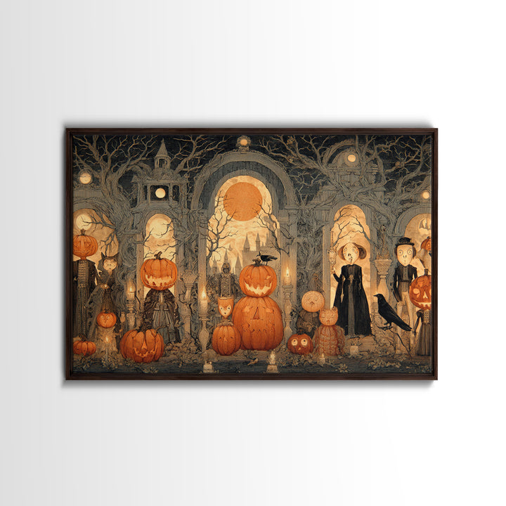 Pumpkins And Moon Phases, Victorian Macabre Art, Landscape Wall Art, Dark Halloween Decor, Framed Canvas Print, Halloween Wall Art