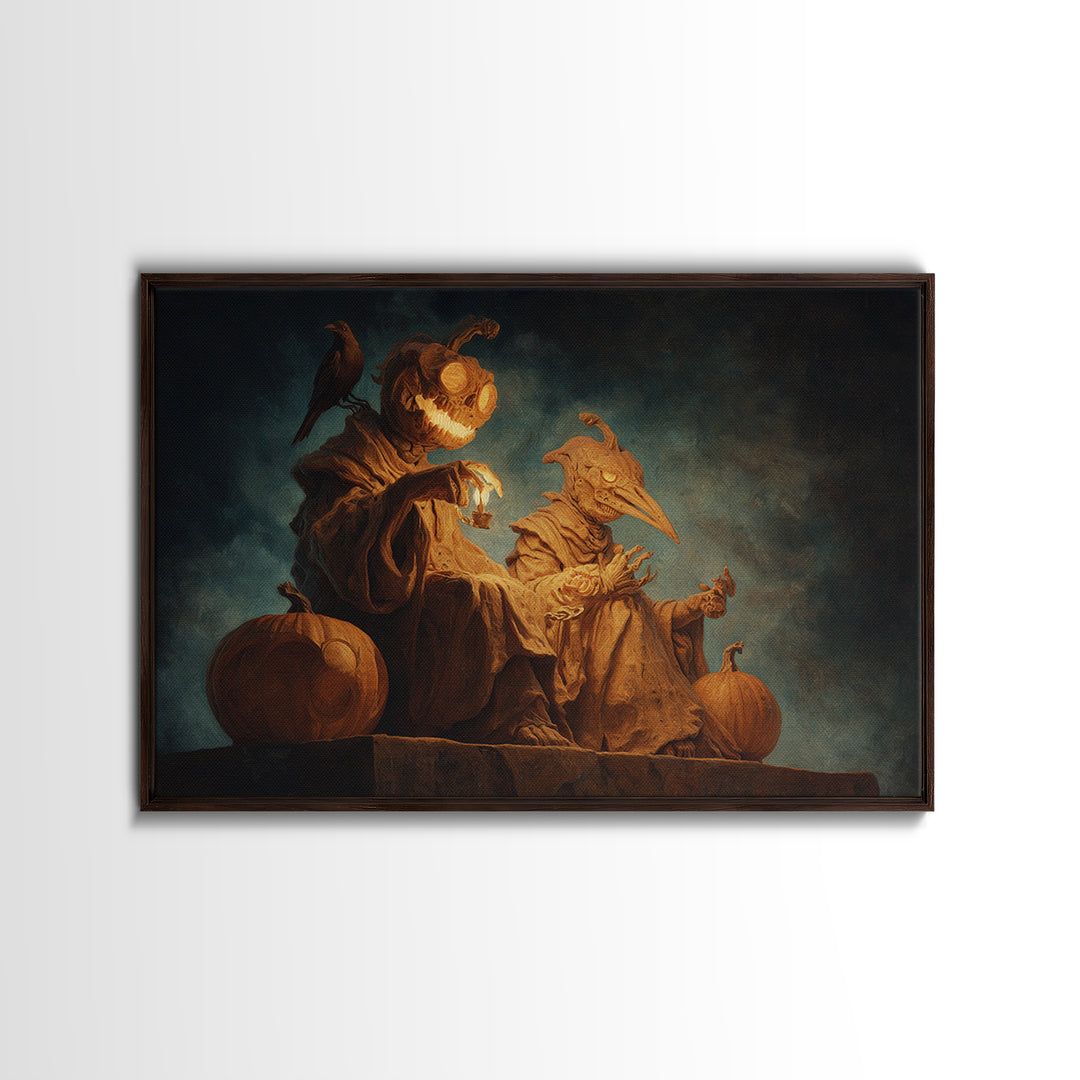 Pumpkins And Moon Phases, Surreal Apocalyptic Art, Landscape Wall Art, Macabre Wall Art, Framed Canvas Print, Halloween Wall Art