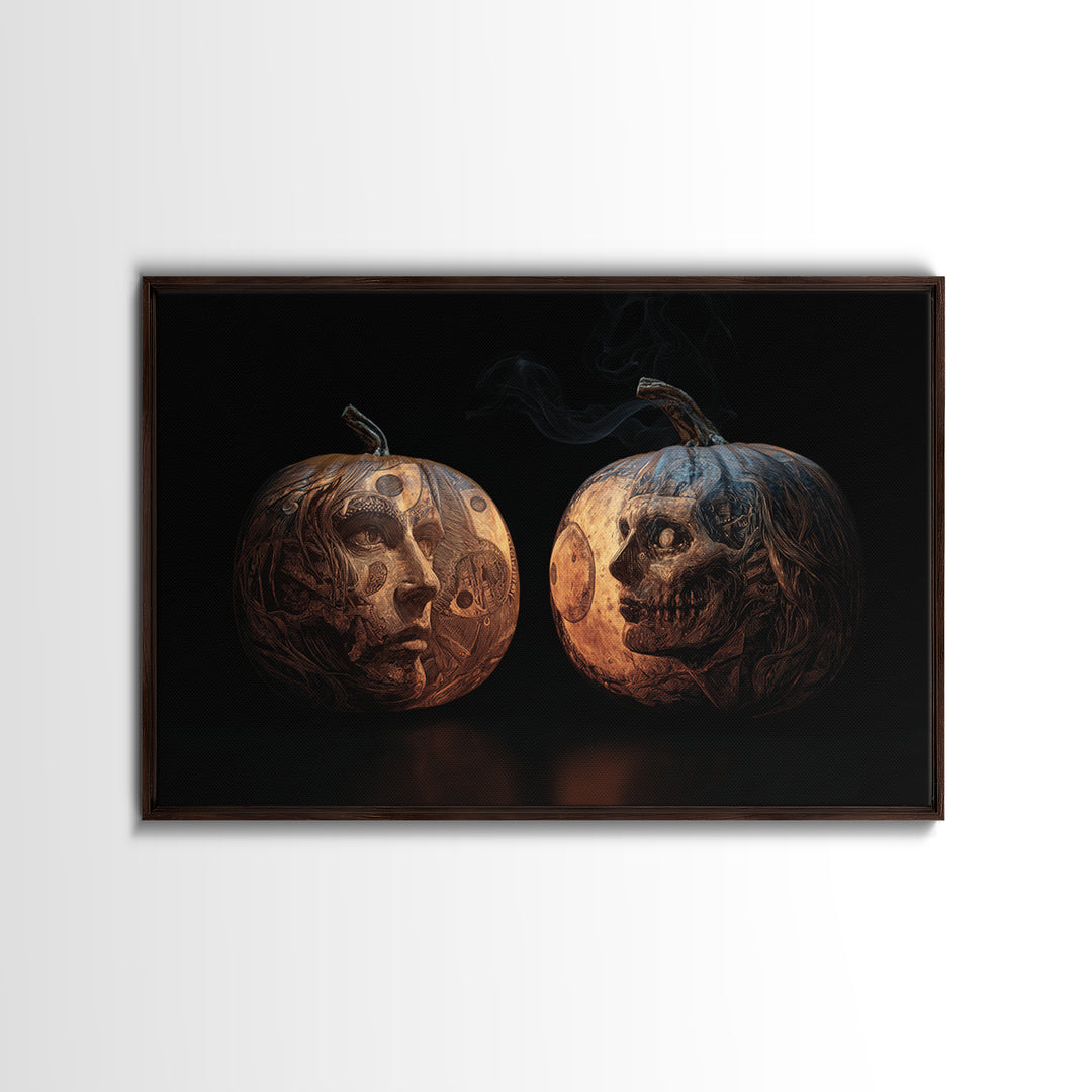 Pumpkins And Moon Phases, Biomechanical Horror Art, Landscape Wall Art, Gothic Horror Wall Art, Framed Canvas Print, Halloween Wall Art