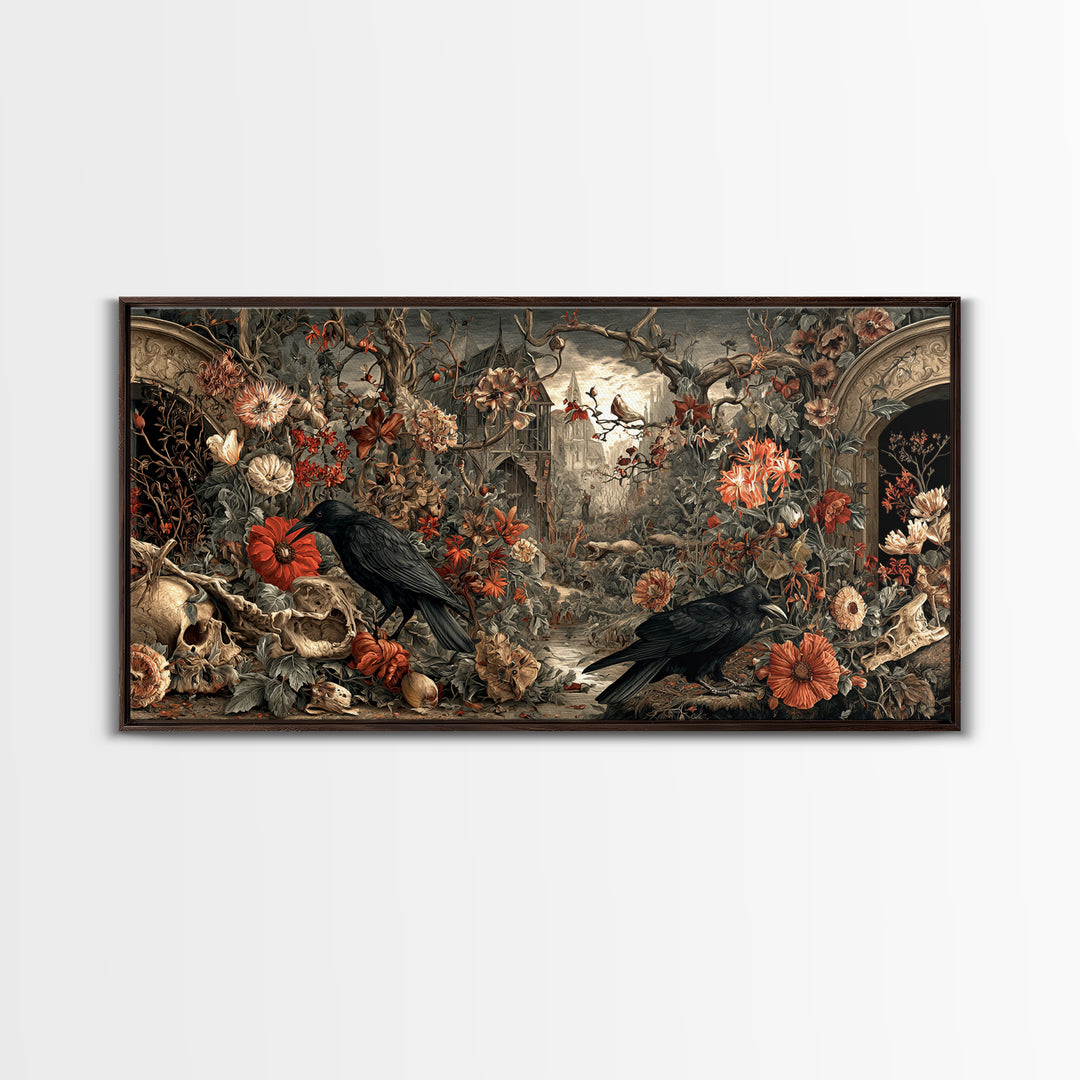 Skeletal Botanicals, Northern Renaissance Horror, Wide Panoramic Art, Dark Fantasy Wall Art, Framed Canvas Print, Macabre Wall Art