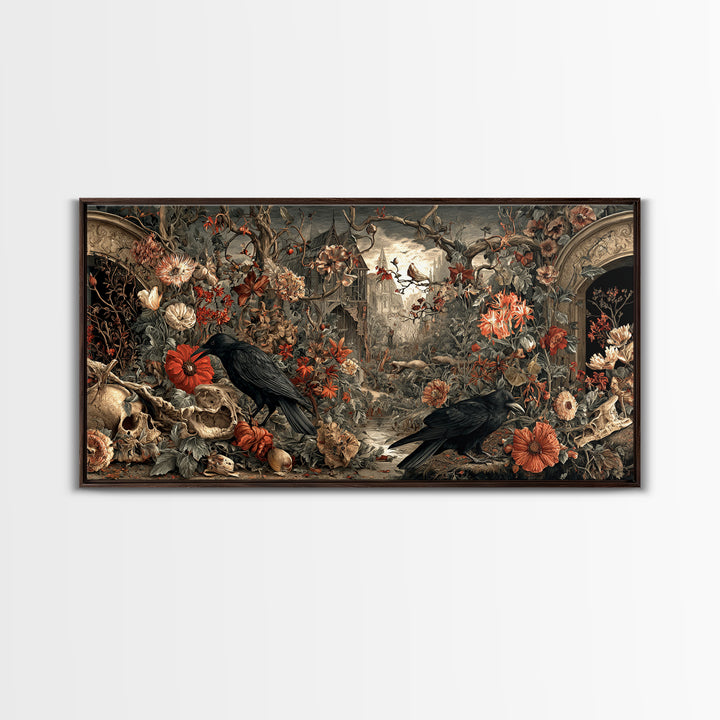 Skeletal Botanicals, Northern Renaissance Horror, Wide Panoramic Art, Dark Fantasy Wall Art, Framed Canvas Print, Macabre Wall Art