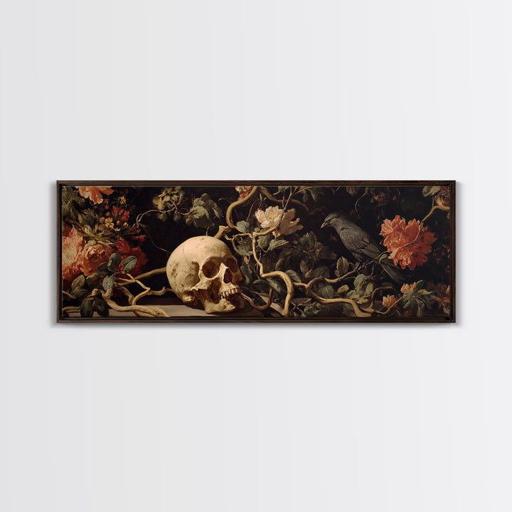 Skeletal Botanicals, Dark Romantic Horror Art, Extra Wide Wall Art, Macabre Wall Art, Framed Canvas Print, Halloween Wall Art