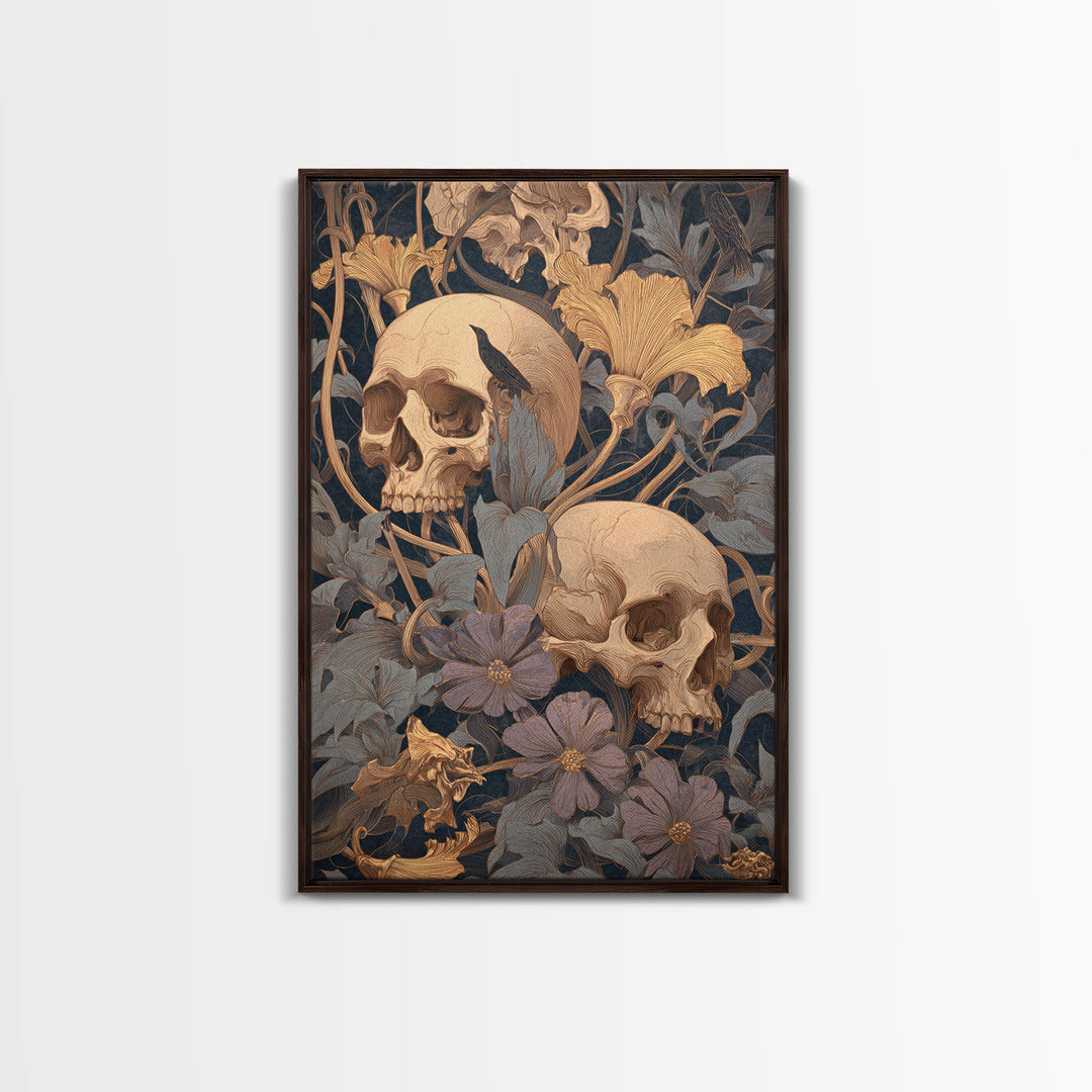 Skeletal Botanicals, Symbolist Death Art, Vertical Wall Art, Dark Fantasy Wall Art, Framed Canvas Print, Halloween Wall Art