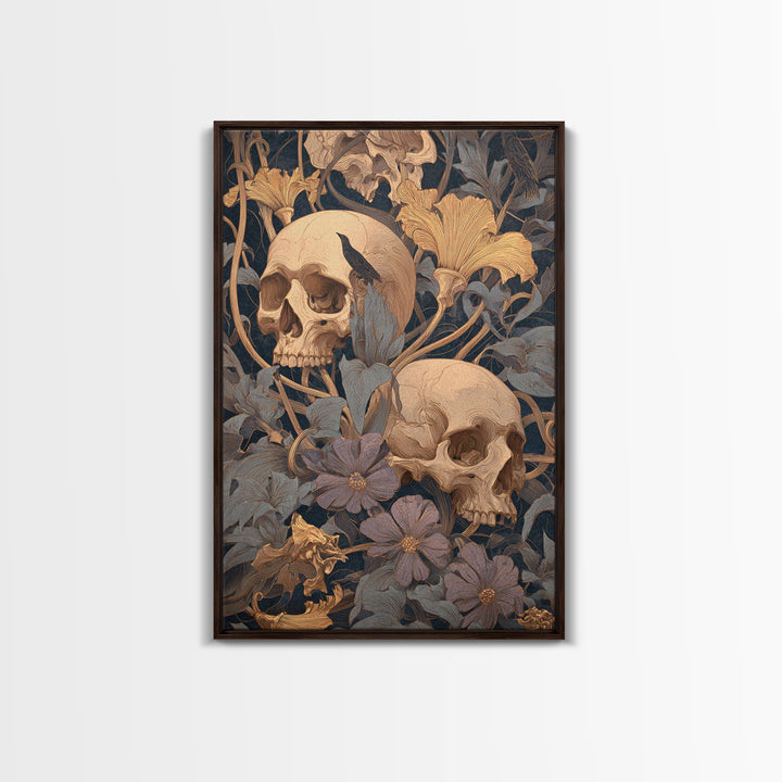 Skeletal Botanicals, Symbolist Death Art, Vertical Wall Art, Dark Fantasy Wall Art, Framed Canvas Print, Halloween Wall Art
