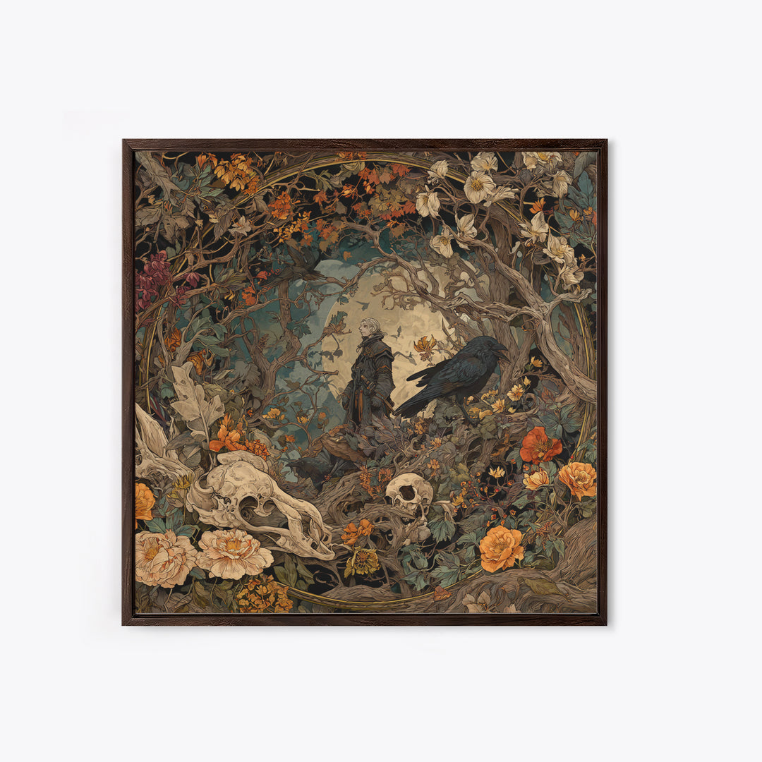 Skeletal Botanicals, Gothic Storybook Art, Square Wall Art, Macabre Wall Art, Framed Canvas Print, Halloween Wall Art