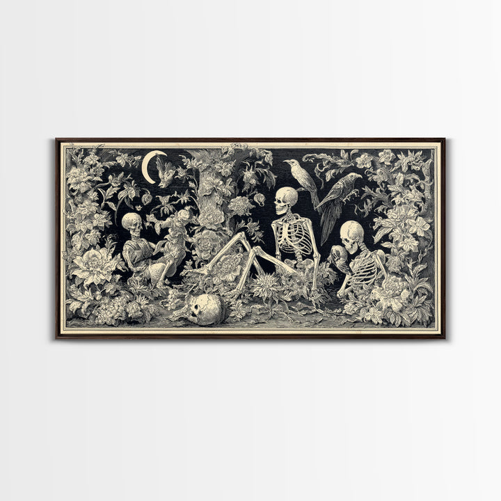 Skeletal Botanicals, Macabre Folk Print Art, Wide Panoramic Art, Gothic Horror Wall Art, Framed Canvas Print, Halloween Wall Art