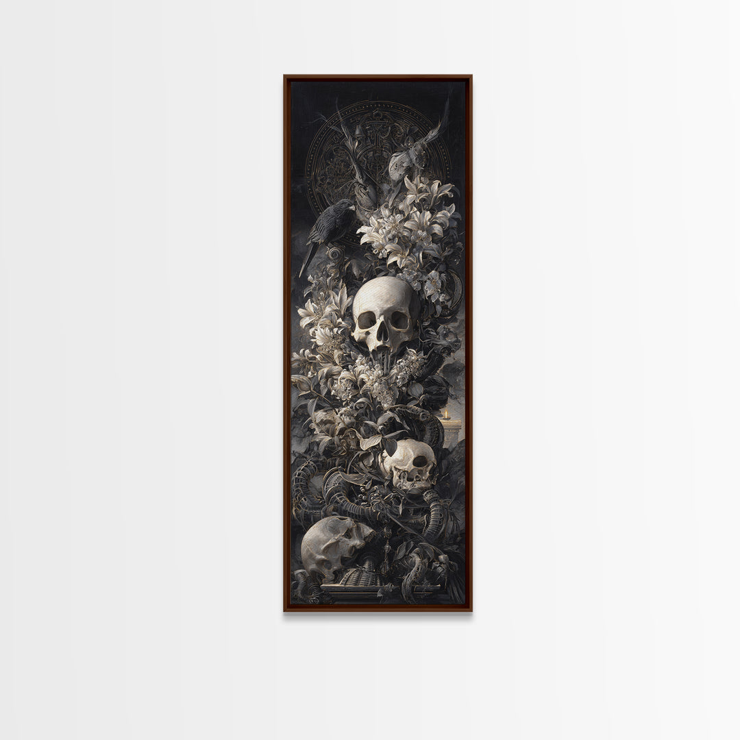 Skeletal Botanicals, Biomechanical Horror Art, Tall Narrow Wall Art, Macabre Wall Art, Framed Canvas Print, Halloween Wall Art