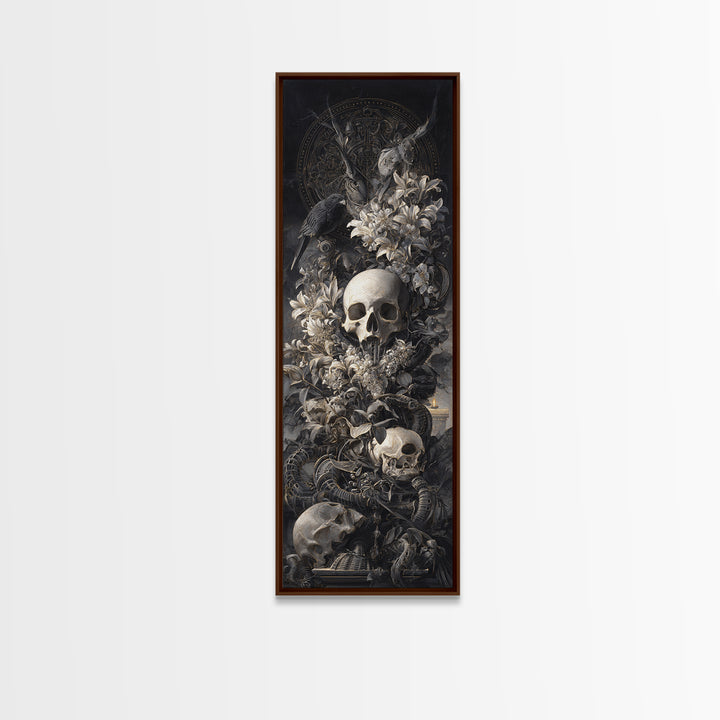 Skeletal Botanicals, Biomechanical Horror Art, Tall Narrow Wall Art, Macabre Wall Art, Framed Canvas Print, Halloween Wall Art