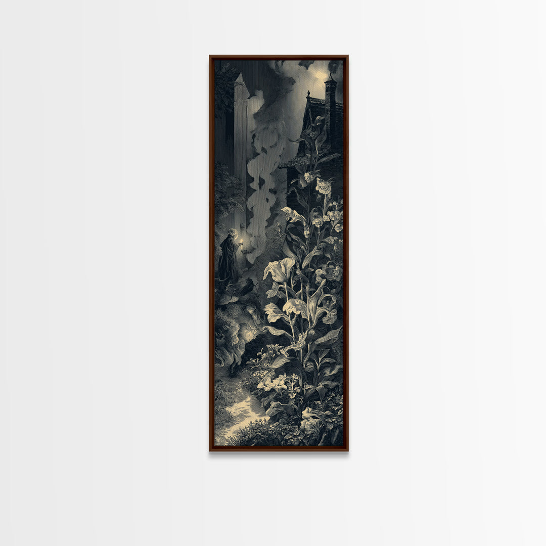 The Poison Garden, Gothic Engraving Art, Tall Narrow Wall Art, Dark Halloween Decor, Canvas Print, Halloween Wall Art