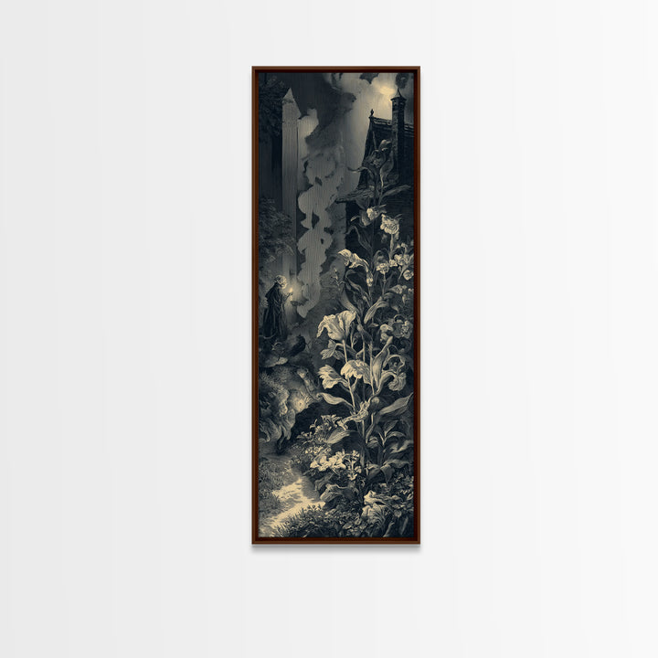 The Poison Garden, Gothic Engraving Art, Tall Narrow Wall Art, Dark Halloween Decor, Canvas Print, Halloween Wall Art