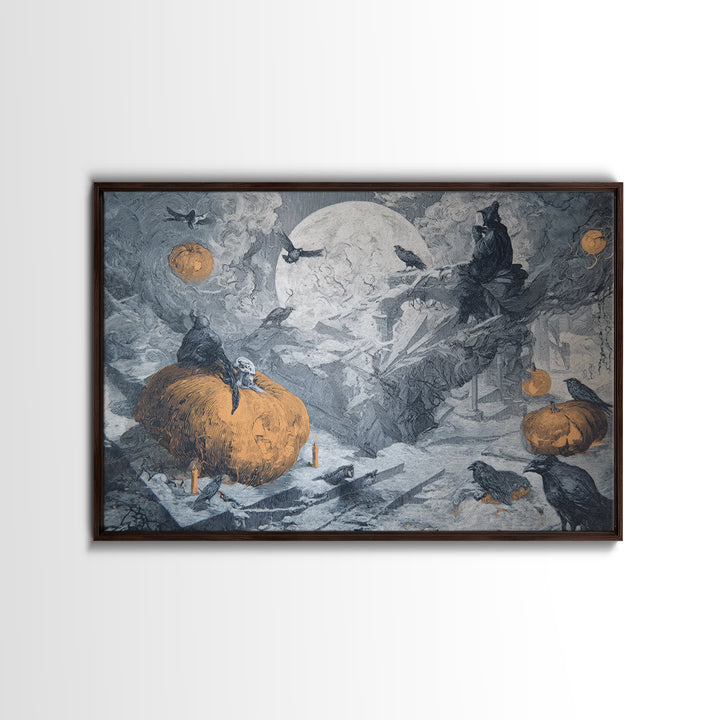 Frozen Halloween, Architectural Etching Art, Landscape Wall Art, Dark Halloween Decor, Framed Canvas Print, Halloween Wall Art