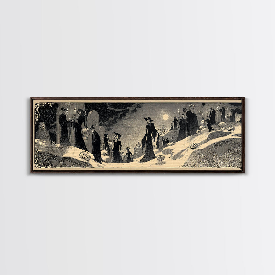 Frozen Halloween, Decadent Line Art, Extra Wide Wall Art, Gothic Horror Wall Art, Framed Canvas Print, Halloween Wall Art