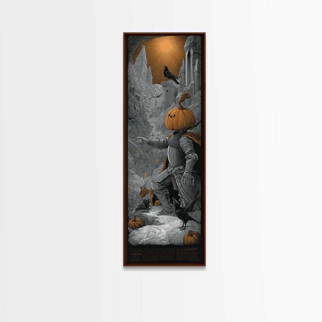 The Pumpkin Paladin, Gothic Engraving Art, Tall Narrow Wall Art, Dark Halloween Decor, Canvas Print, Halloween Wall Art