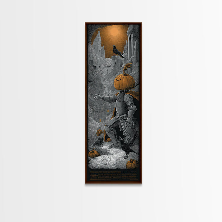The Pumpkin Paladin, Gothic Engraving Art, Tall Narrow Wall Art, Dark Halloween Decor, Canvas Print, Halloween Wall Art