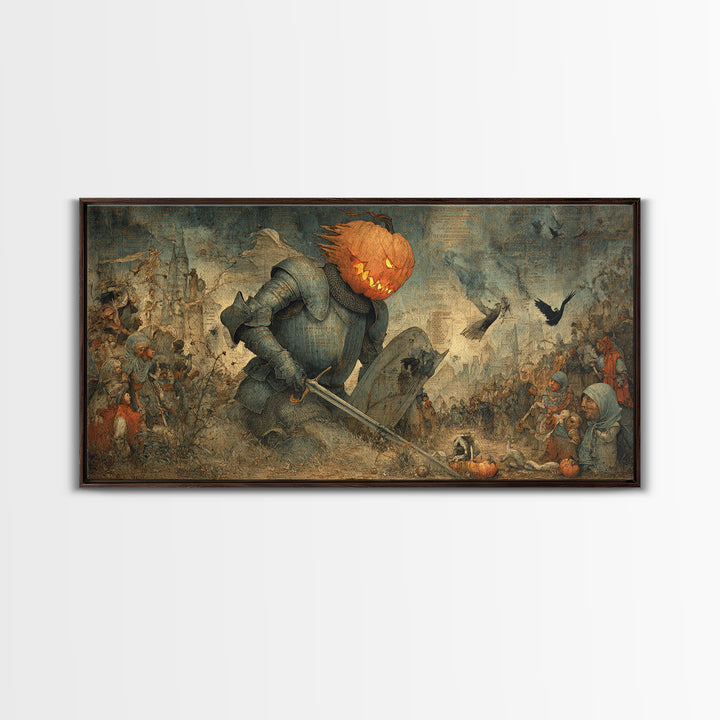 The Pumpkin Paladin, Northern Renaissance Horror, Wide Panoramic Art, Macabre Wall Art, Framed Canvas Print, Halloween Wall Art