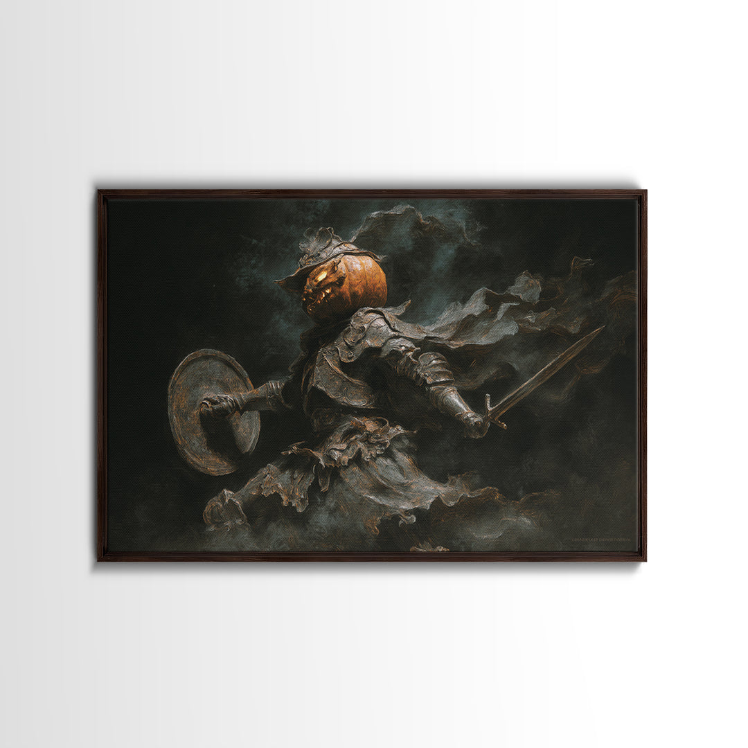 The Pumpkin Paladin, Dark Romantic Horror Art, Landscape Wall Art, Dark Fantasy Wall Art, Framed Canvas Print, Halloween Wall Art